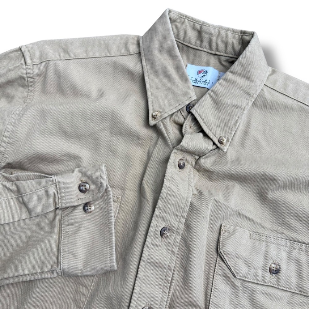 Tyndale Flame Resistant Long Sleeve Button Up‎ Work Shirt Khaki Tan Men's L
